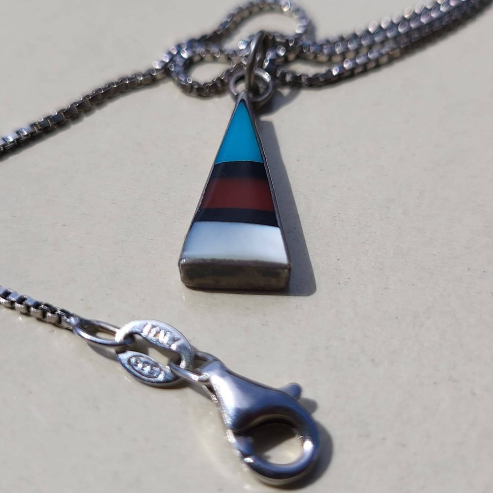 Vintage Zuni Sterling Silver Inlay Triangle Pendant Necklace Multi Color Stone